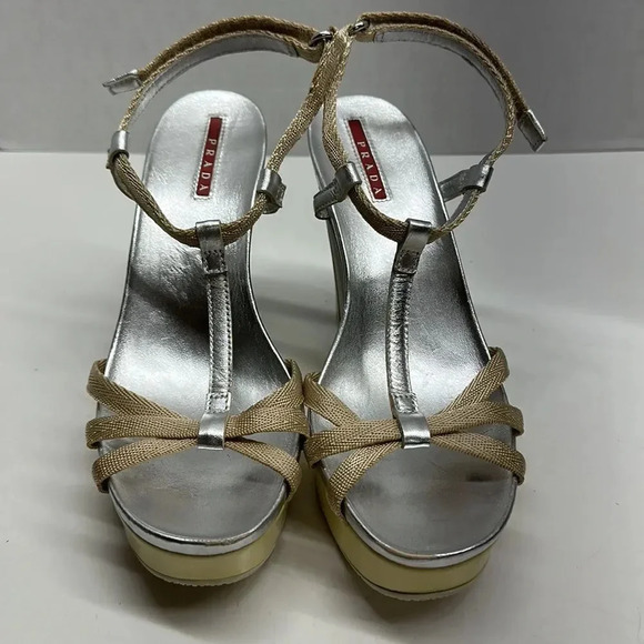 Prada Wedges T-Strap Open Toe High Heel Shoes Leather Yellow Silver Size 38 US 8 - Picture 2 of 12